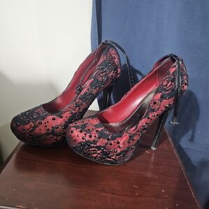 Elegant Red and Black Lace Heels